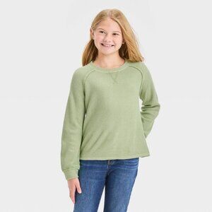 Cat & Jack Girls' Cozy Waffle Pullover Light Olive Green size 10-12 Large